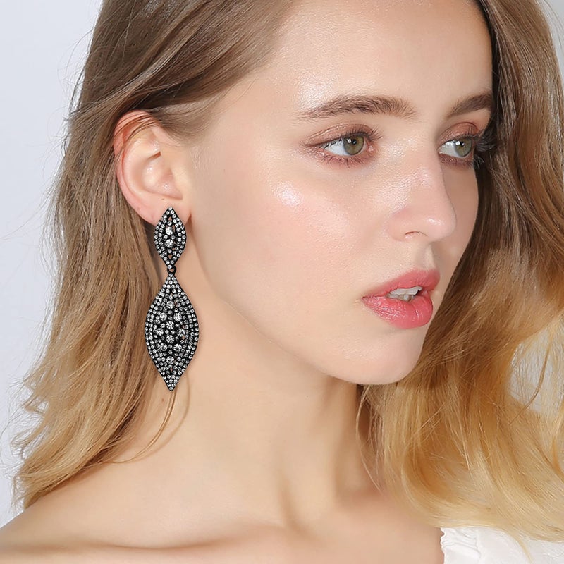 Flyonce Women's Rhinestone Crystal Wedding Bridal 2 Leaf Drop Dangle Chandelier Earrings Clear Black-Tone - Image 2